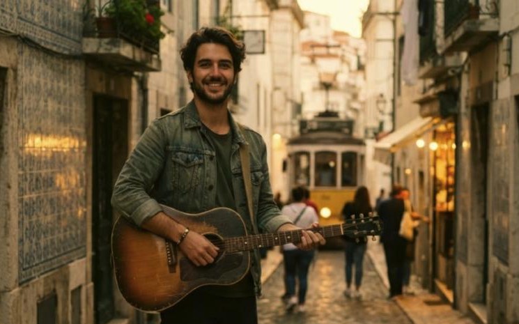 A local musician with a guitar in an old town street
